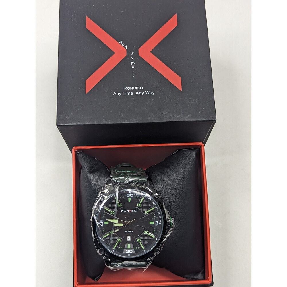KONXIDO Mens Black and Green, Green Leather Band Analog Quartz‎ Watch KX63003